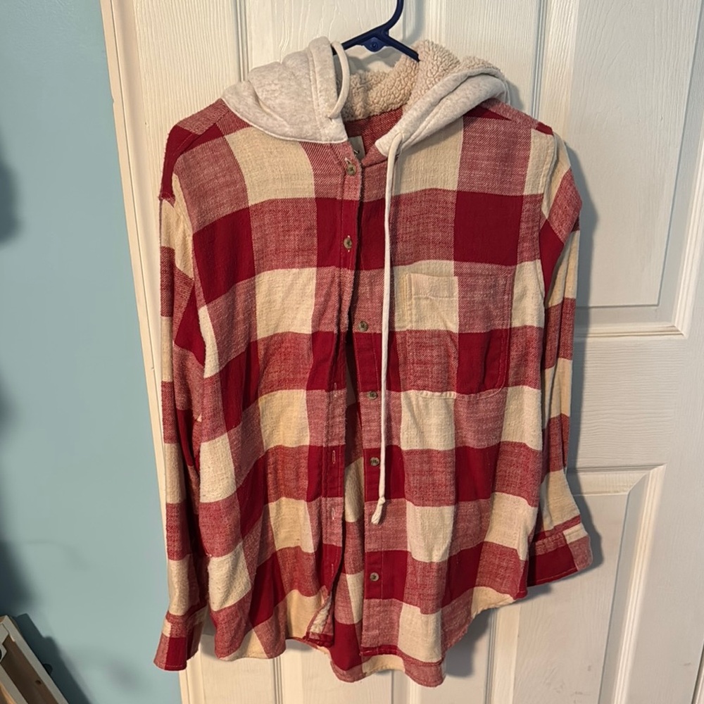 Red and White Plaid Hoodie Shirt
